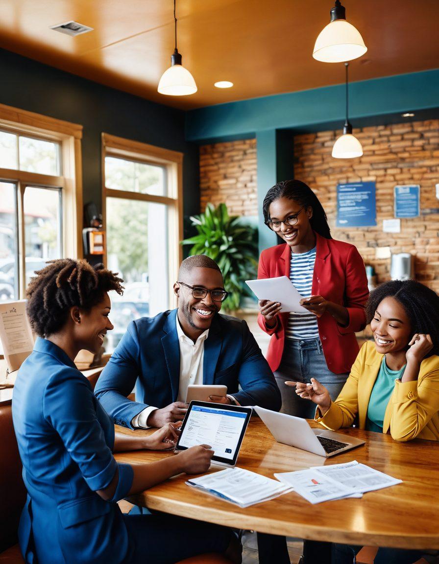 A visually striking scene featuring a diverse group of people joyfully comparing car insurance quotes on digital devices in a cozy coffee shop. Include elements like a friendly agent helping customers, stacks of paperwork, and bright, eye-catching car models in the background. The atmosphere should be warm and inviting, conveying a sense of community and financial freedom. super-realistic. vibrant colors.