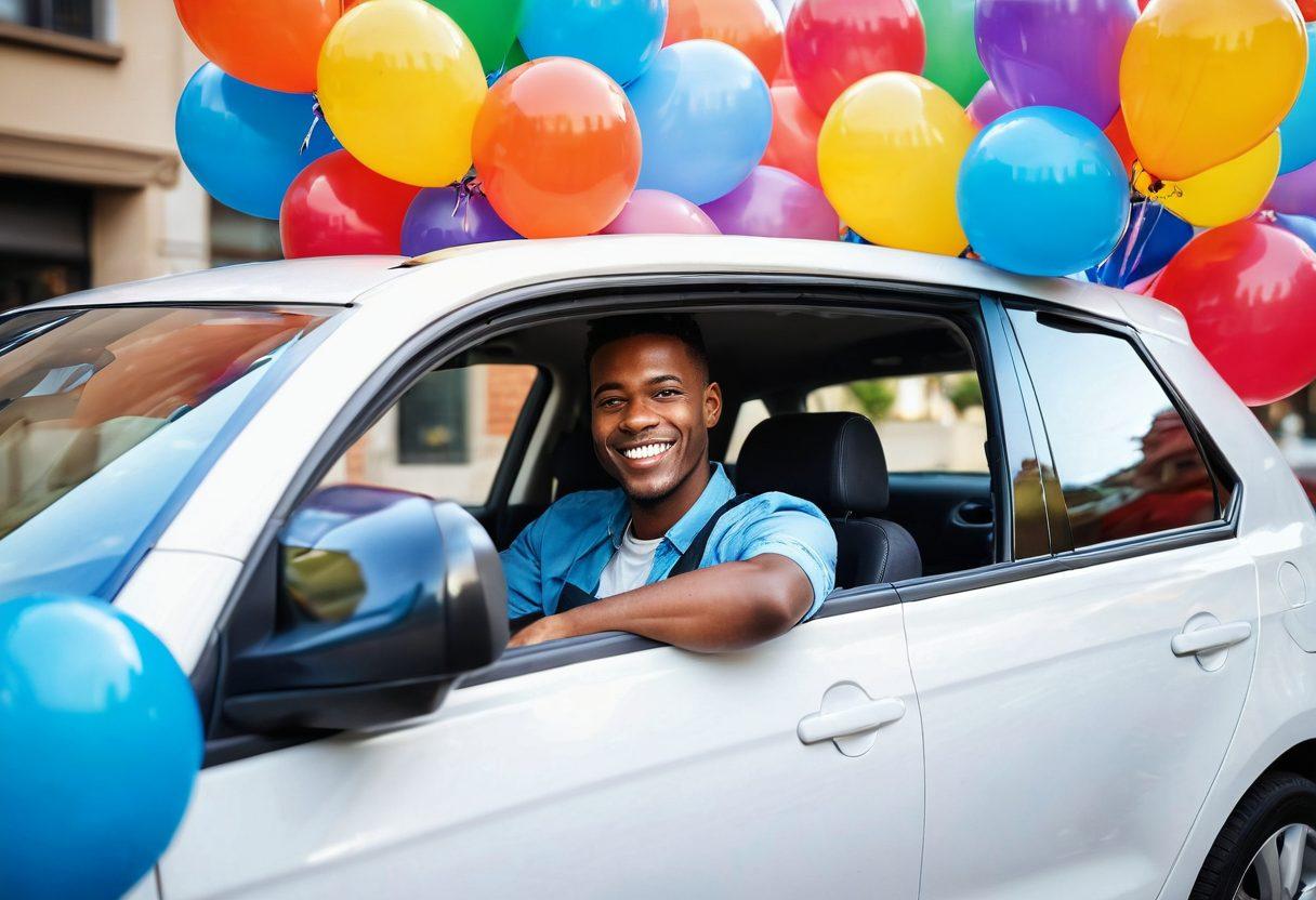 A cheerful driver smiling while holding an insurance policy, surrounded by colorful balloons and a vibrant sun shining in the background. A happy family is seen in the car, emphasizing joy and togetherness. Include elements of a bustling cityscape with affordable car insurance signs. Bright and inviting colors evoke a sense of positivity and security. super-realistic. vibrant colors. white background.