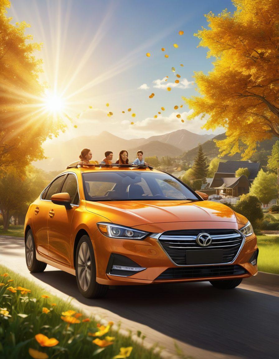 A dynamic scene depicting a happy family in a modern car, showcasing a blend of affordability and comfort. Surround the car with lush landscapes and budget-friendly symbols like coins and savings charts floating in the air. Incorporate a radiant sun shining down to symbolize positive experiences and transformations in driving. Vibrant colors. super-realistic.